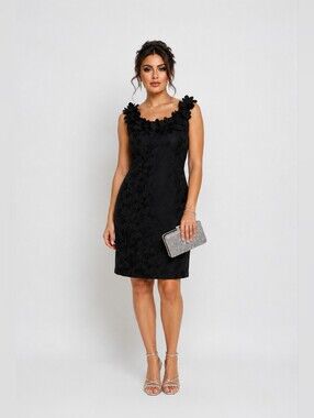Maggie L Black Floral Applique Cocktail Dress Size 10 Wedding Guest Elegant